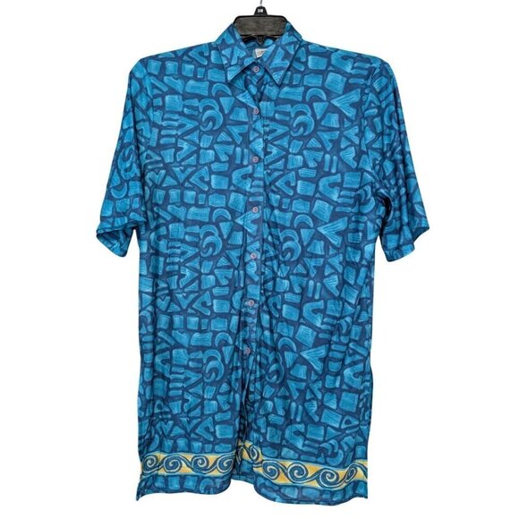 Tara Grinna Blouse Blue Shirt Geometric Short Sleeve Button Hawaii Women's Large - Picture 1 of 6